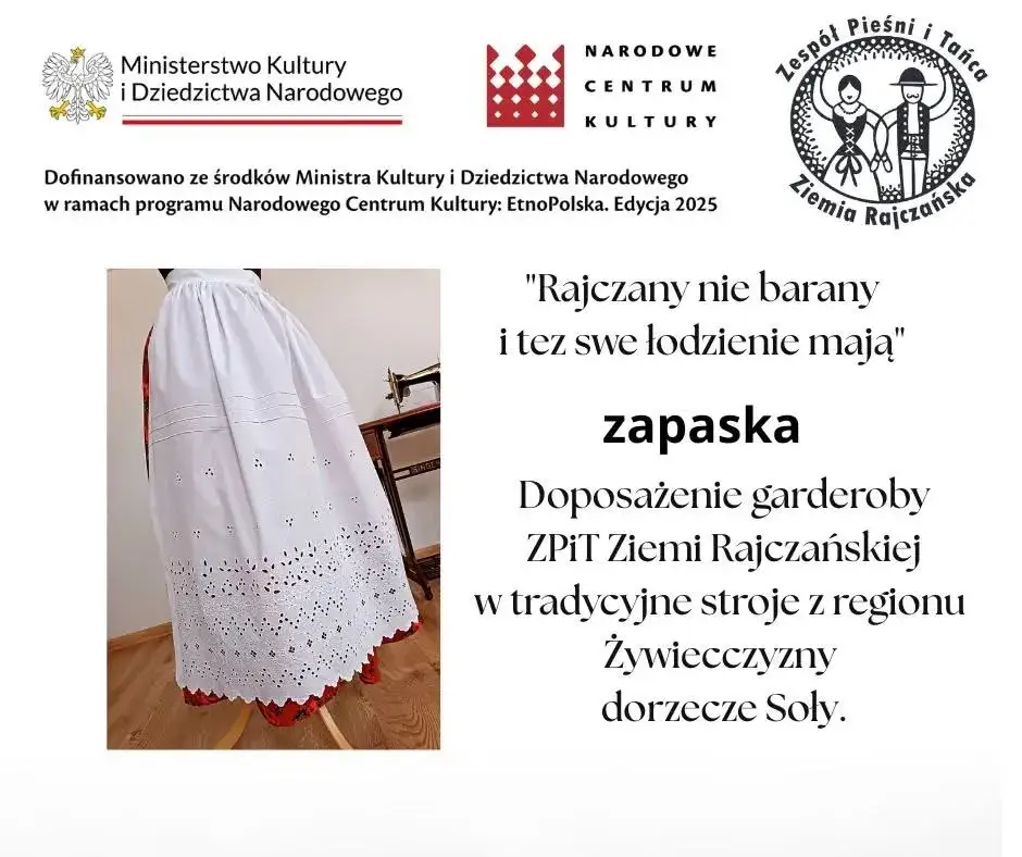 Informacje o programie dotacyjnym Ministerstwa Kultury i Dziedzictwa narodowego - "Rajczany nie barany i tez swe łodzienie mają". Obok tekstu widać góralską zapaskę.